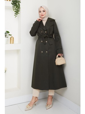 Kadın Düğmeli Kuşaklı Haki Trençkot