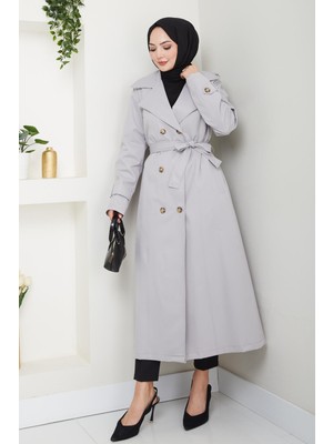 Kadın Düğmeli Kuşaklı Gri Trençkot