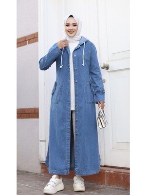 Kadın Cepli Düğmeli Kapüşonlu Denim Kot Trençkot