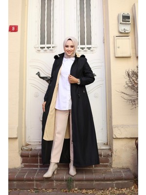 Kadın Fermuarlı Cepli Kapüşonlu Bondit Mont