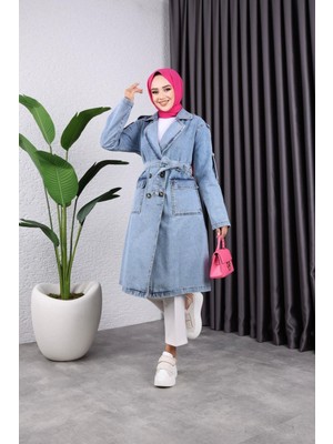 Kadın Cepli Düğmeli Kot Trençkot