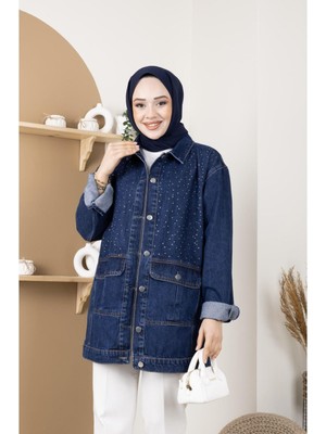 Harman Butik Kadın Taş Detaylı Cepli Kot Ceket Mavi Dokuma Kumaş ile Günlük Kullanım İçin Rahat Tasarım