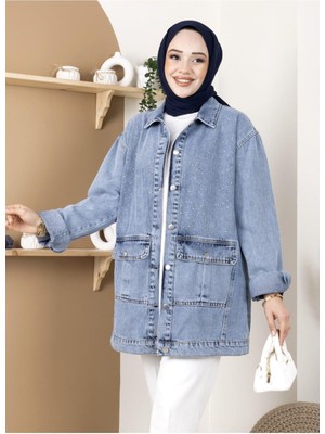 Harman Butik Kadın Taş Detaylı Cepli Kot Ceket Dokuma Kumaş ile Günlük Kullanım İçin Şık Tasarım