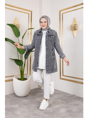 Kadın Boncuk Işlemeli Denim Kot Ceket