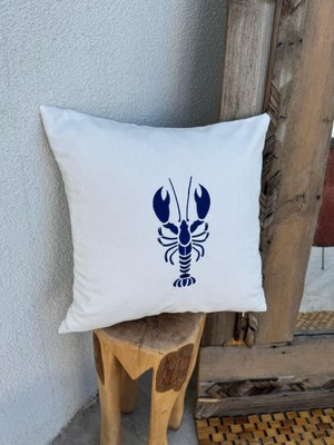 Re Marine Istakoz Nakışlı Kırlent Kılıfı  Beyaz - Lacivert