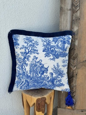 Toile De Jouy Kırlent Kılıfı Mavi
