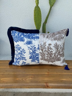 Toile De Jouy  Kırlent Kılıfı Mavi - Kahve