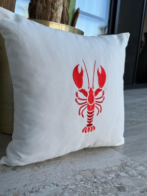 Re Marine Istakoz Nakışlı Kırlent Kılıfı  Beyaz-Kırmızı