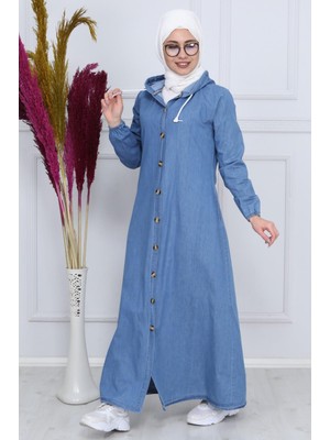 Kadın Boydan Düğmeli Kapüşonlu Açık Mavi Kot Elbise