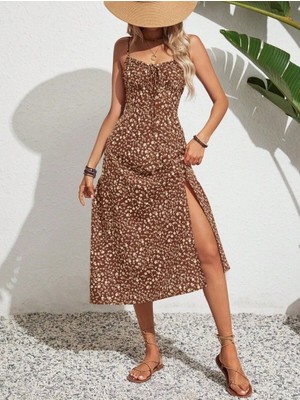 Kadın Askılı Yırtmaçlı Çiçek Desenli Midiboy Süprem Kumaş Elbise