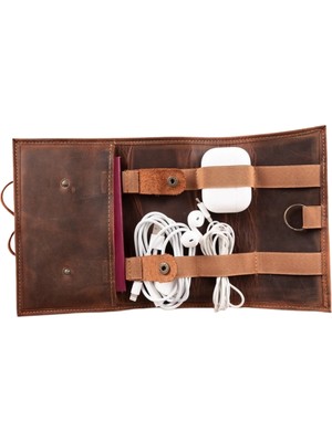 Deri Kablo Aksesuar Taşıma Çantası G2 Antik Kahve