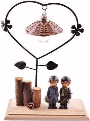 Pilli Işıklı Romantik Çift Tema Büyük Boy Dekoratif Ahşap Biblo