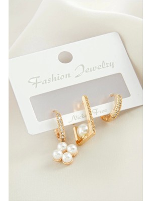 3 Adet Çiçek Inci Zirkon Taşlı Küpe