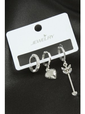 3 Adet Kalp Zirkon Taşlı Küpe