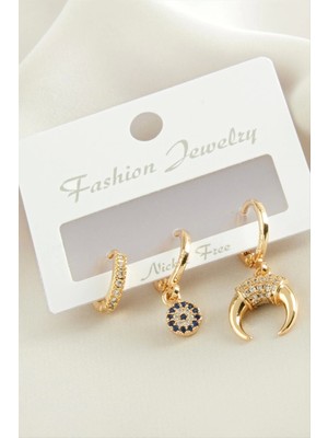 3 Adet Hilal Zirkon Taşlı Küpe