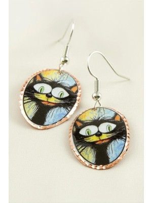 Kedi Desenli Oval Bakır Küpe