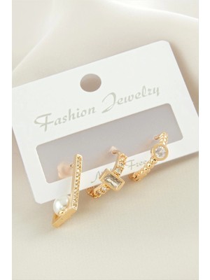 3 Adet Dikdörtgen Inci Zirkon Taşlı Küpe