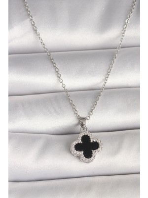 Toptan Bulurum 316L Çelik Gümüş Renk Zincir Zirkon Taşlı Yonca Model Kadın Kolye