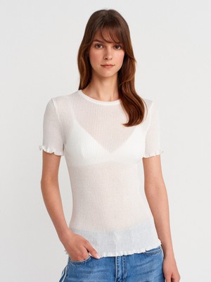 10783 Bisiklet Yaka Fırfırlı Ince Triko Bluz-Ekru