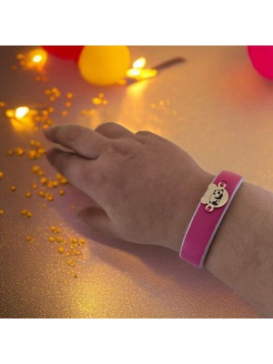 Archin Panda Temalı 14 Ayar Altın Plakalı Doğal Pembe Derili Ayıcık Motifli Hediye Bileklik-458SEMBOL