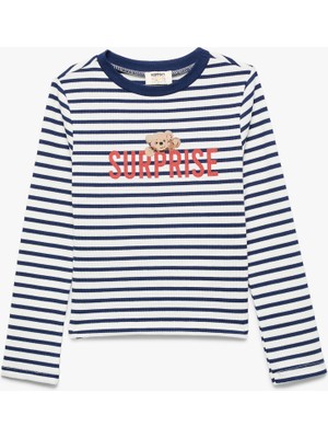 Koton Çizgili Ayıcık Baskılı Uzun Kollu Bisiklet Yaka Tişört