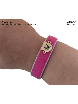 Archin Aslan Burçlarına Özel 14 Ayar Altın Plakalı Pembe Derili Ayıcık Motifli Hediye Bileklik-458BURÇ