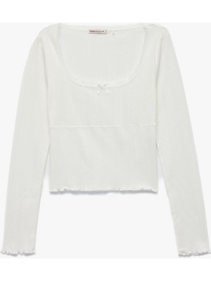 Koton Pamuklu Slim Fit Uzun Kollu U Yaka Crop Pijama Üstü