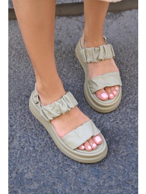 Oliva Kadın Haki Gerçek Deri Sandalet