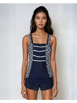 Hazelin Kadın Lacivert Beyaz Desenli Tankini Şortlu %80 Poliamid %20 Elastan HZL25S-AR1801