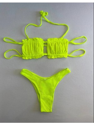 Kadın Neon Yeşil Ip Bağlamalı Büzgülü Straplez Bikini Takım HZL25S-LC2226