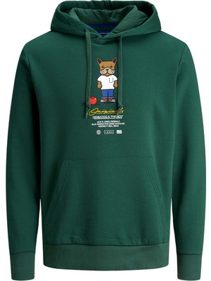 Jack & Jones Kapüşonlu Baskılı Koyu Yeşil Erkek Sweatshirt 12176722