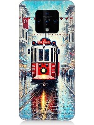 Tecno Camon 16 Uyumlu Yağmurlu Sokakta Kırmızı Tramvay  Desenli Silikon Kılıf