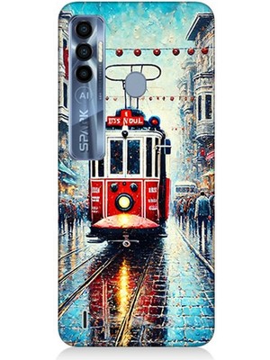 Tecno Spark 7 Pro Uyumlu Yağmurlu Sokakta Kırmızı Tramvay  Desenli Silikon Kılıf