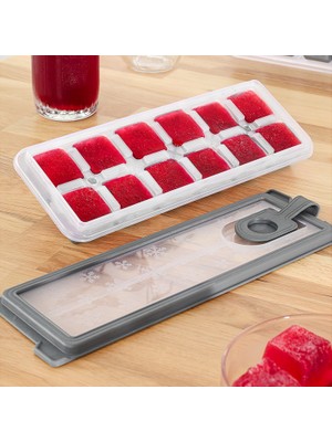 1 Adet Silikon Bas Çıkar Buzluk - 12 Hazneli Kapaklı Yapışmaz Silikon Kokteyl Sunum Buz Kalıbı Gri