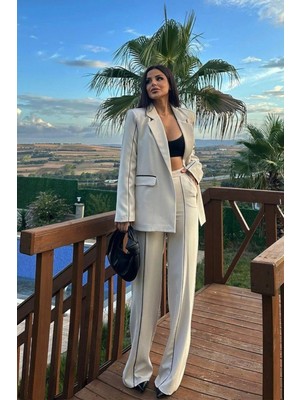 Kadın Alt Üst Ikili Takım Biye Detaylı Blazer Ceket Panolon Takım