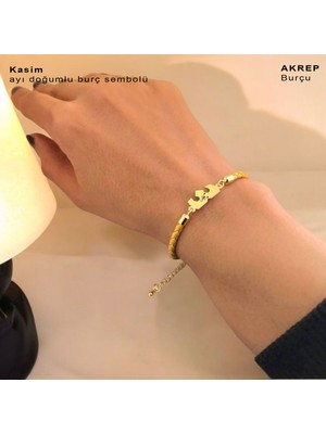 Archin Akrep Burçlarına Özel 14 Ayar Altın Plakalı Altın Rengi Derili Taç Motifli Hediye Bileklik-463BURÇ