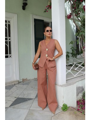 Purple By Banu Somon Keten Gold Düğmeli Yelek Pantolon Takım