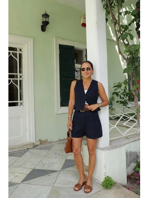 Purple By Banu Lacivert Çift Pile Detay Şort Yelek Takım