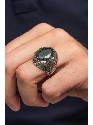 Oval Yeşil Taşlı Yaprak Desen 925 Erkek Gümüş Yüzük