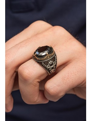 Ayyıldız Desenli Siyahtaşlı 925 Erkek Gümüş Yüzük