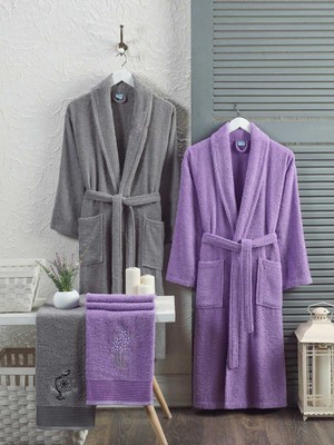 Mira Home 4 Parça Aile Bornoz Seti Kadın Erkek Havlulu Bornoz Takımı Gri Lavanta