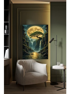 Nehrin Karşısındaki Dolunay Manzaralı Kanvas Tablo Ev Duvar Salon Ofis Dükkan Hediyelik Dekarasyon Süsü