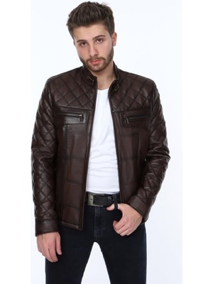 Deri Work Hakiki Deri Kahverengi Omuz Işlemeli Camos Erkek Deri Ceket