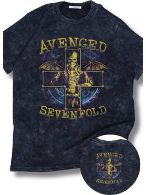 Oversize Avenged Sevenfold Artı Ense Baskılı Yıkamalı T-Shirt, Unisex Rock Band Temalı Retro Tişört