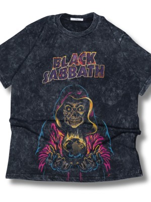 Unisex Renkli Black Sabbath Baskılı Yıkamalı T-Shirt, Oversize Rock Grubu Temalı Retro Tişört