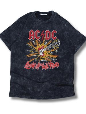 Oversize Ac Dc Blow Up Your Video Baskılı Yıkamalı T-Shirt, Unisex Rock Band Temalı Vintage Tişört