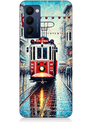 Tecno Camon 18 Uyumlu Yağmurlu Sokakta Kırmızı Tramvay  Desenli Silikon Kılıf