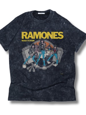 Oversize Ramones Road To Run Baskılı Yıkamalı T-Shirt, Unisex Rock Band Temalı Vintage Tişört