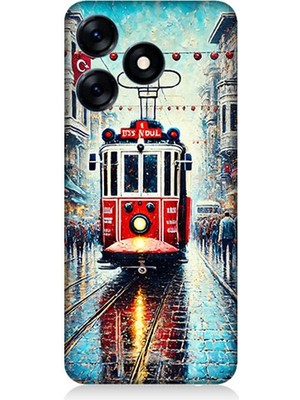 Tecno Spark 10 Uyumlu Yağmurlu Sokakta Kırmızı Tramvay  Desenli Silikon Kılıf