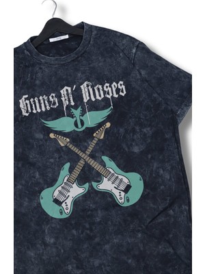 Oversize Gitarlı Guns N' Roses Baskı Yıkamalı T-Shirt, Unisex Rock Band Temalı Vintage Tişört